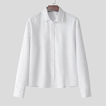 AIDASE  -  Tops 2025 Korean Style Men's Casual Simple Striped Cropped Shirt Fashion Streetwear Male Hot Selling Long Sleeved Blouse aidase-shop